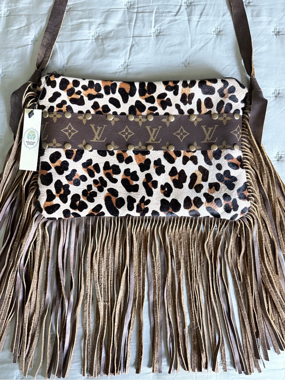 Upcycled Cowhide Leopard Fringe Festival Leather Western Bag Authentic Designer